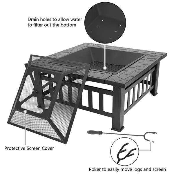 32 Inch Wood Burning Metal Fire Pit with Spark Screen and Poker U13741
