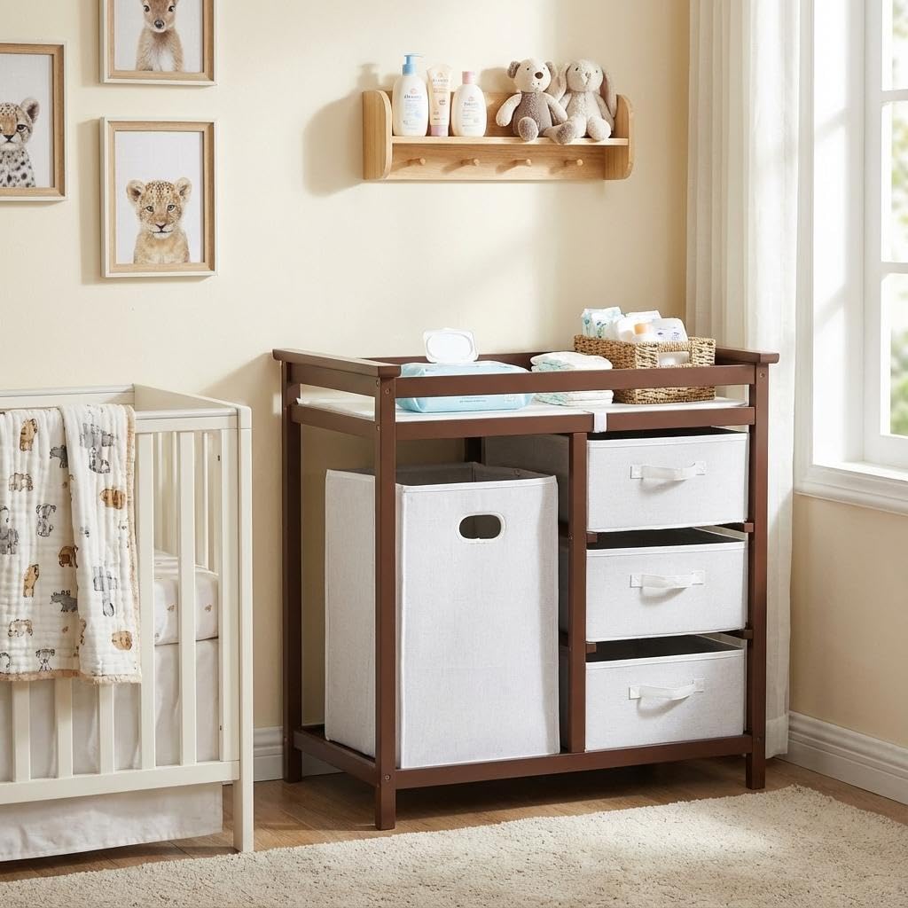 Modern Baby Changing Table with Laundry Hamper & 3 Drawers V321393