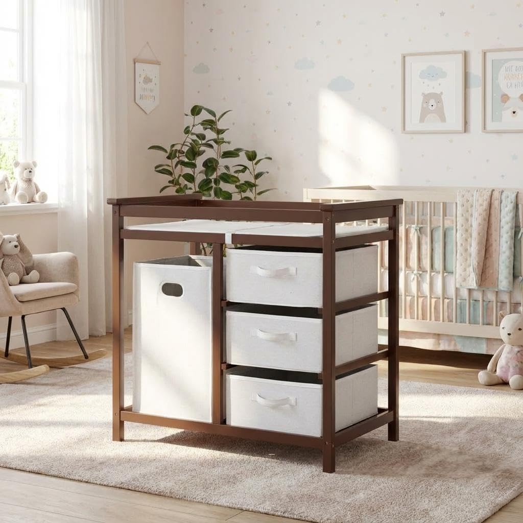 Modern Baby Changing Table with Laundry Hamper & 3 Drawers V321393
