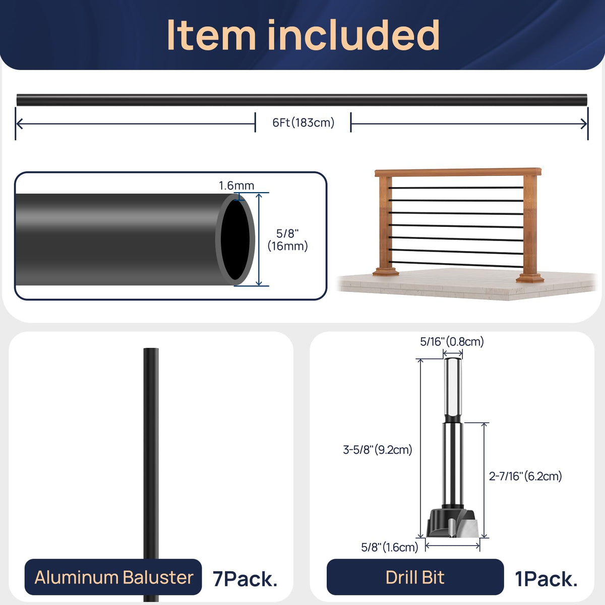 7 Pack 6 FT x 5/8 inch Aluminum Horizontal Baluster with Drill Bit U329