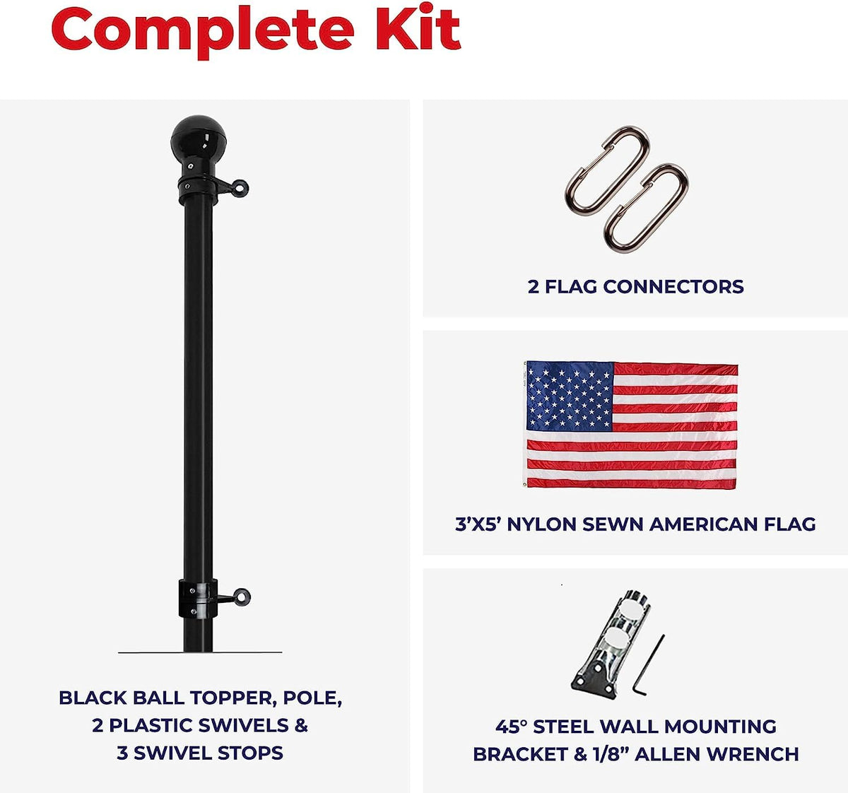 6' Black Aluminum Flagpole with American Flag and Mounting Bracket W55299