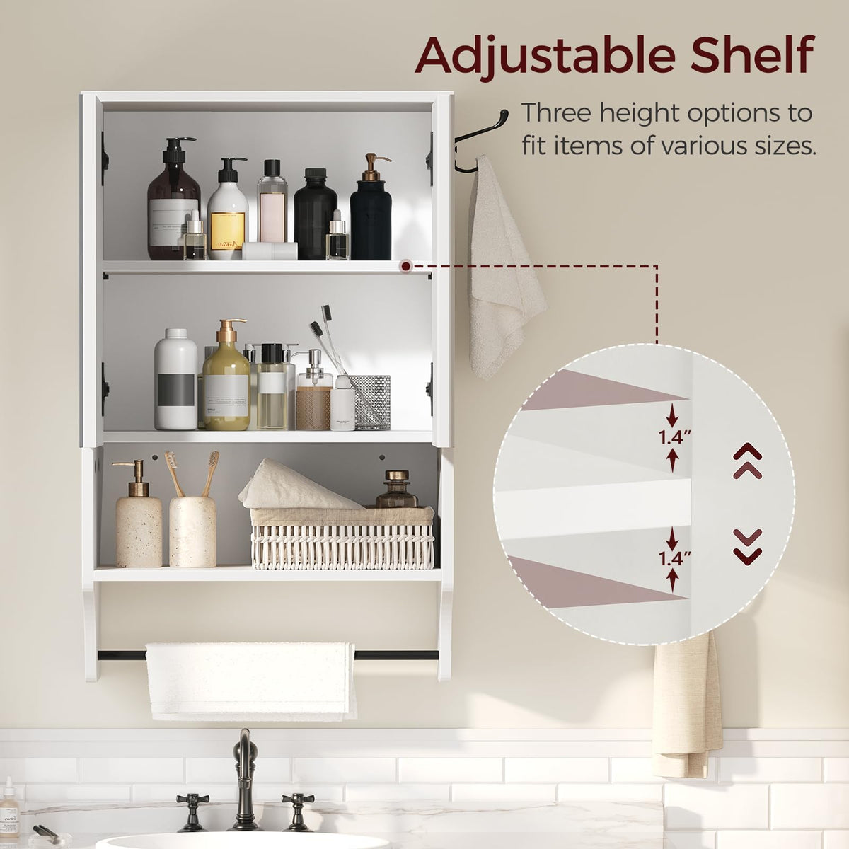 White Wall Mounted Bathroom Cabinet with Mirror and Adjustable Shelf X652
