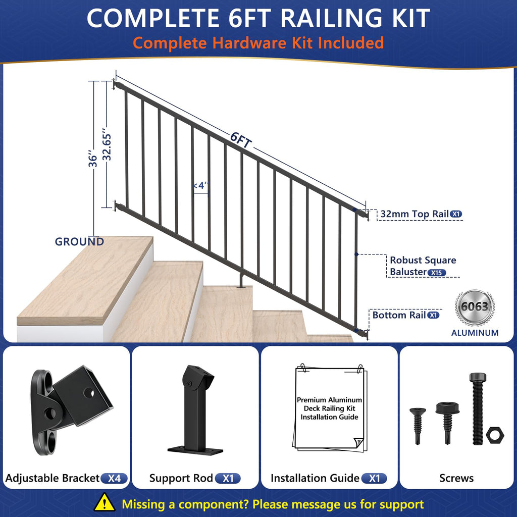 6 ft W Real Aluminum Stair Railing Kit E513474