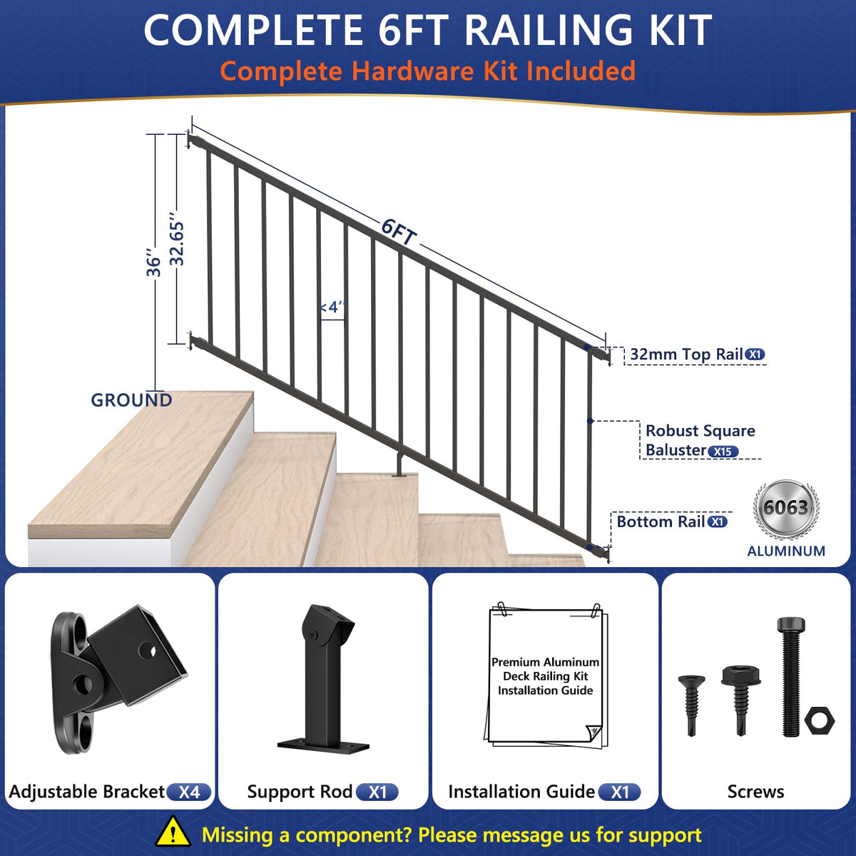 6 ft W Real Aluminum Stair Railing Kit E513474