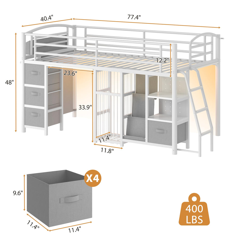 Twin Low Loft Bed with Storage Drawers and LED Lights Z2944