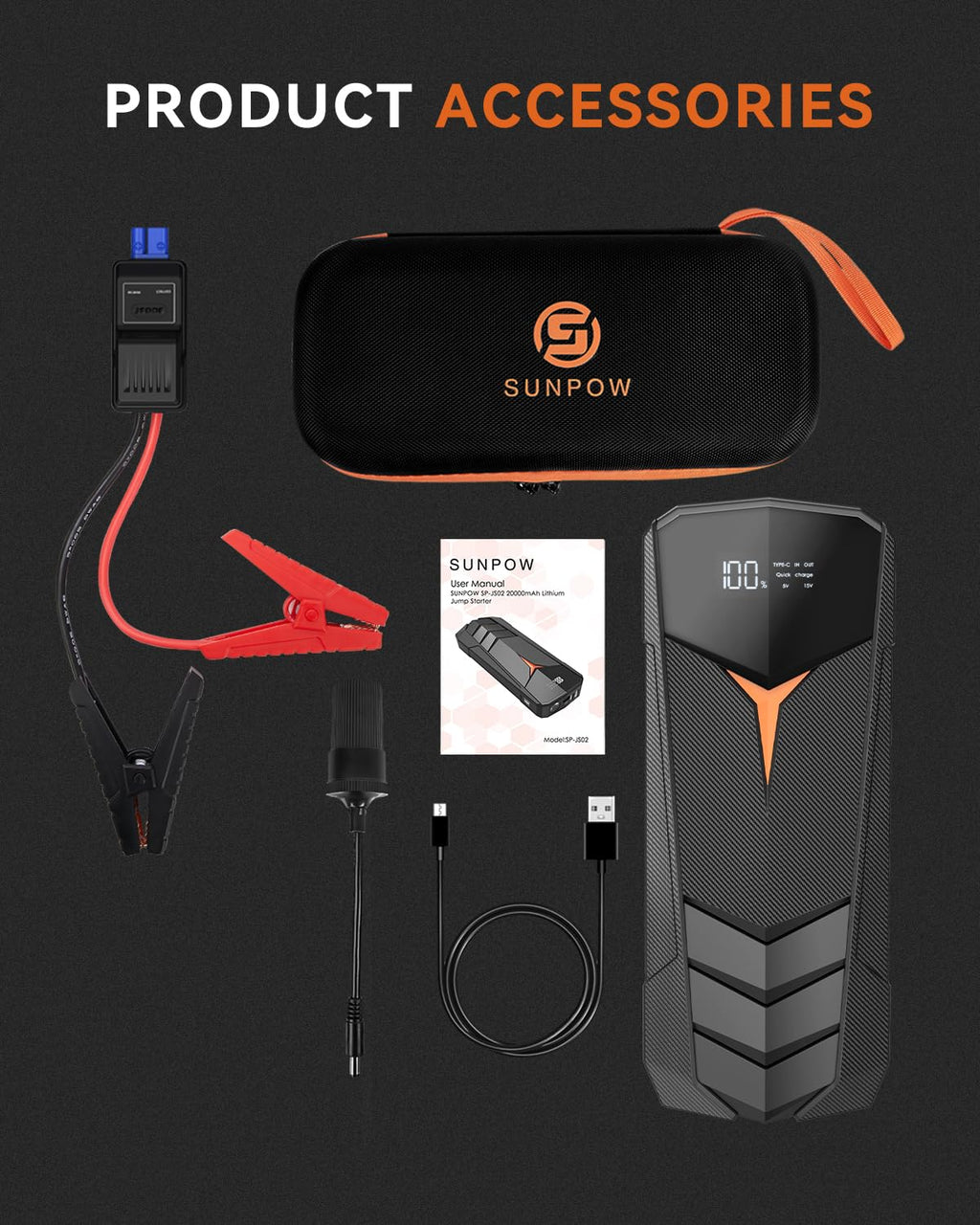 2000A Peak 20000mAh 12V Lithium Jump Starter Battery Pack with LCD Screen and LED Light F94401