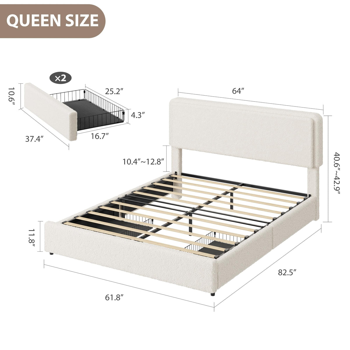 Queen Size Bed Frame with 2 Storage Drawer F69320
