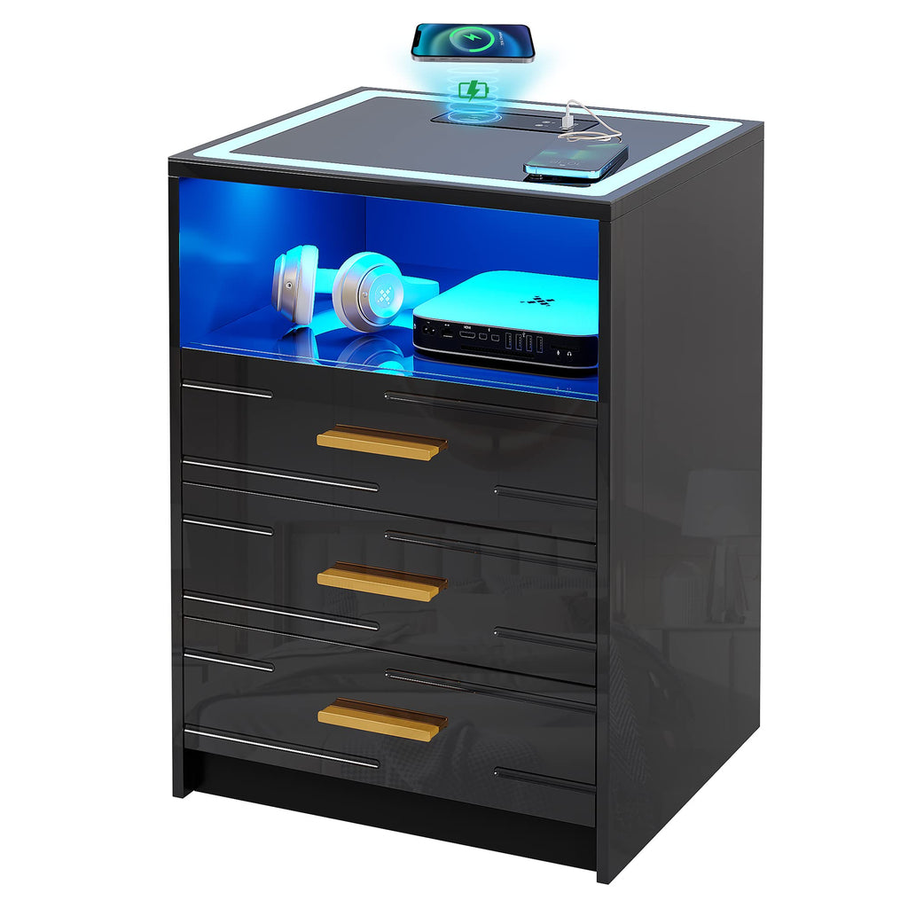 LED Nightstand with Wireless Charging Station, 3 Drawer Bedside Table K423