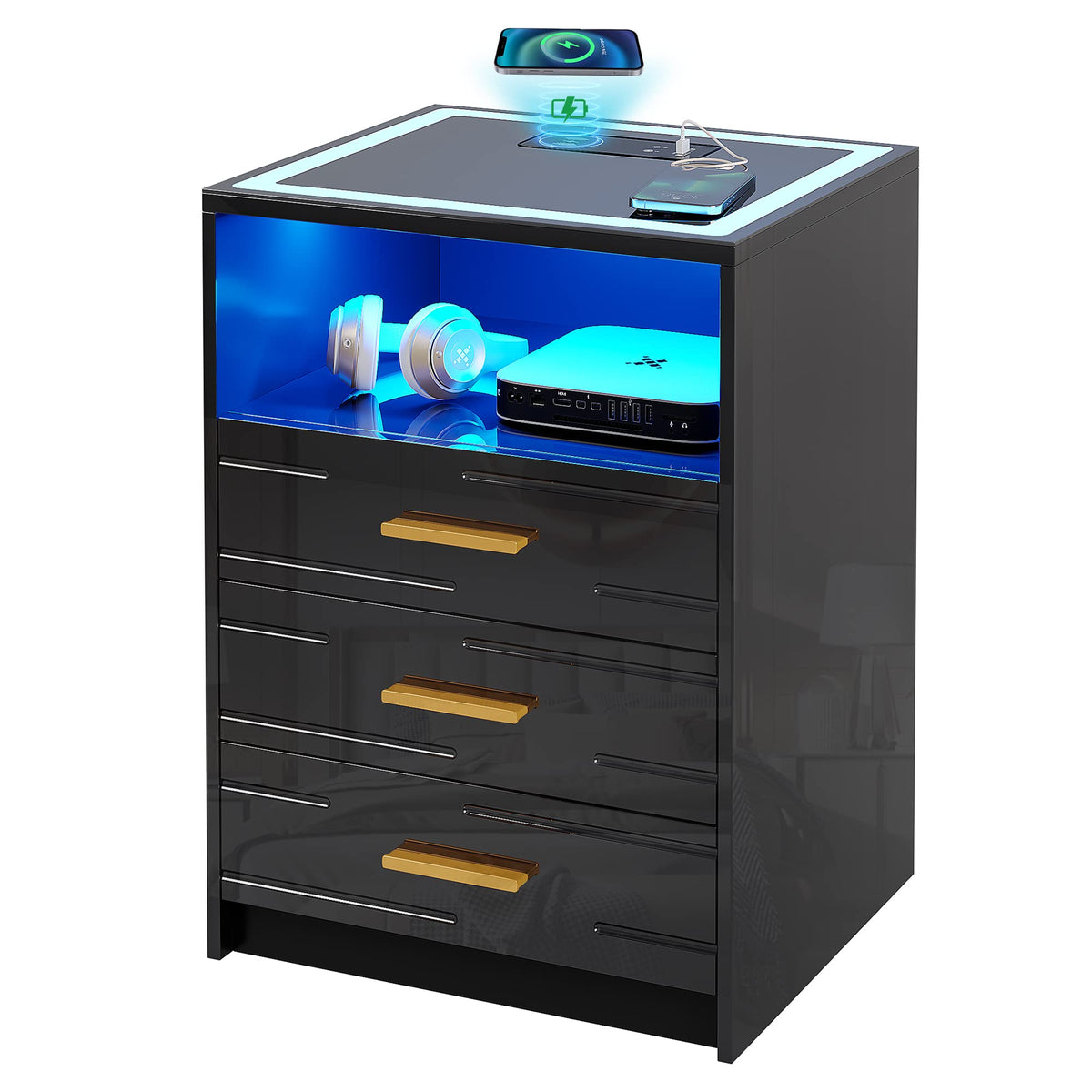 LED Nightstand with Wireless Charging Station, 3 Drawer Bedside Table K423