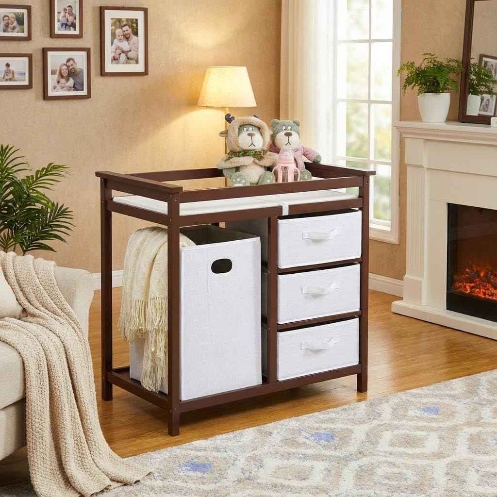 Modern Baby Changing Table with Laundry Hamper & 3 Drawers V321393