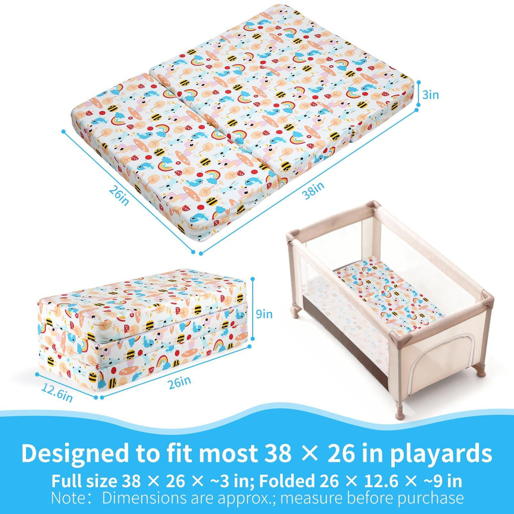 Trifold Pack and Play Mattress 38x26, Dual Sided Foldable Waterproof Washable Portable Crib Mattress Topper with Carry Bag Z170