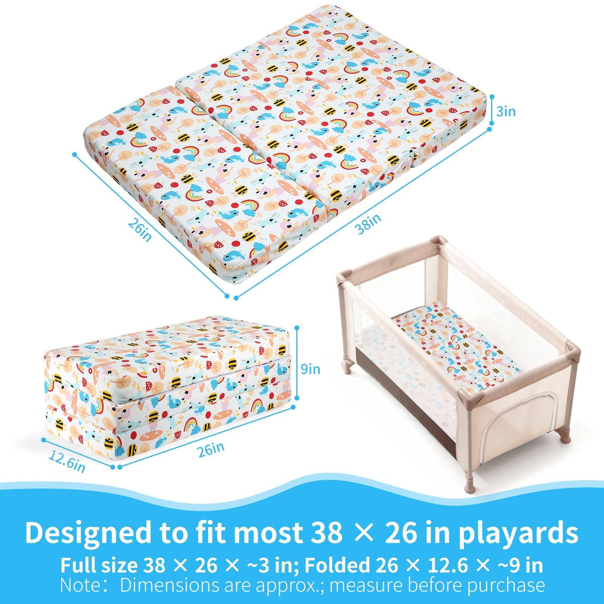 Trifold Pack and Play Mattress 38x26, Dual Sided Foldable Waterproof Washable Portable Crib Mattress Topper with Carry Bag Z170