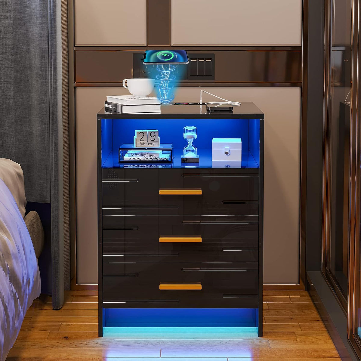 LED Nightstand with Wireless Charging Station, 3 Drawer Bedside Table K423