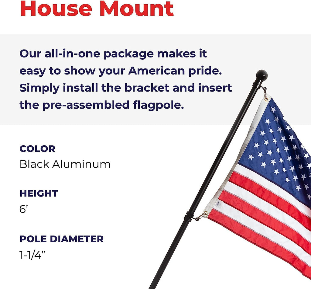 6' Black Aluminum Flagpole with American Flag and Mounting Bracket W55299