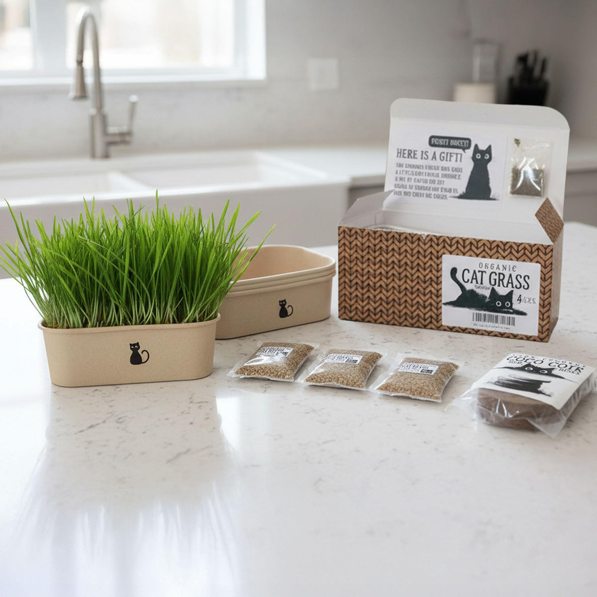 4-Batch Indoor Cat Grass Grow Kit with Containers, Soil Disks & Seeds Z6431