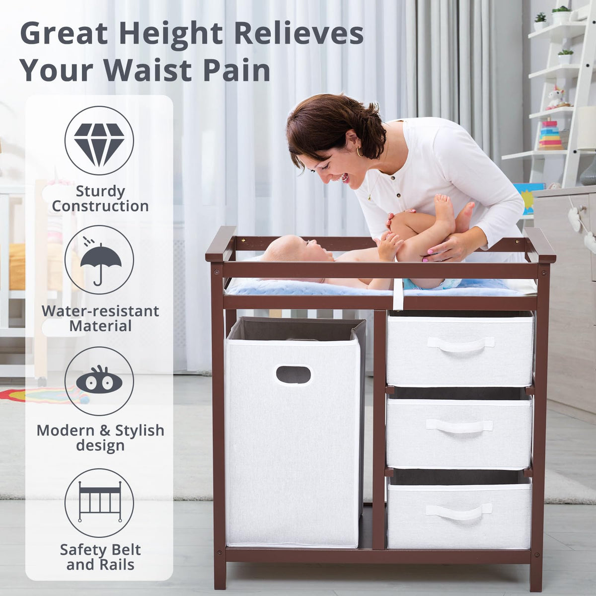 Modern Baby Changing Table with Laundry Hamper & 3 Drawers V321393