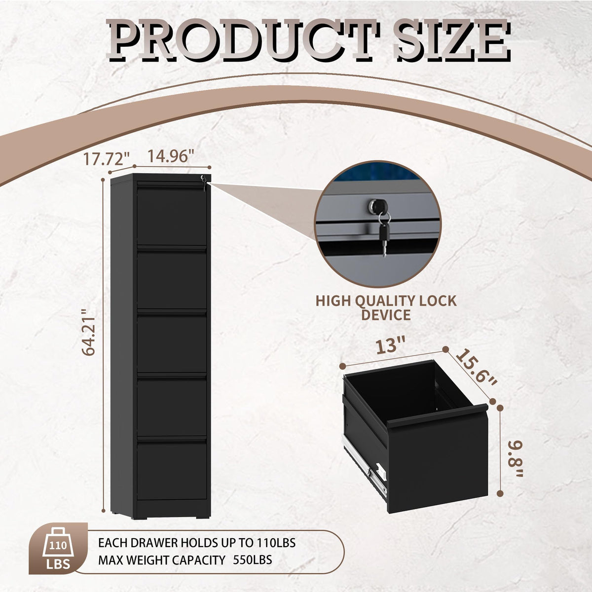 5 Drawer Black Filing Cabinet with Lock V998908