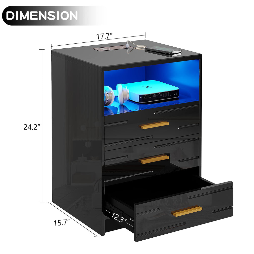 LED Nightstand with Wireless Charging Station, 3 Drawer Bedside Table K423