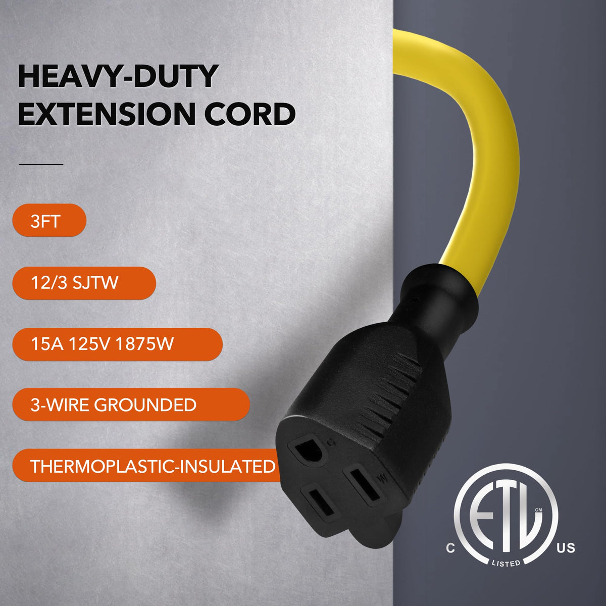 3ft 12/3 SJTW Heavy Duty Outdoor Extension Cord G9397