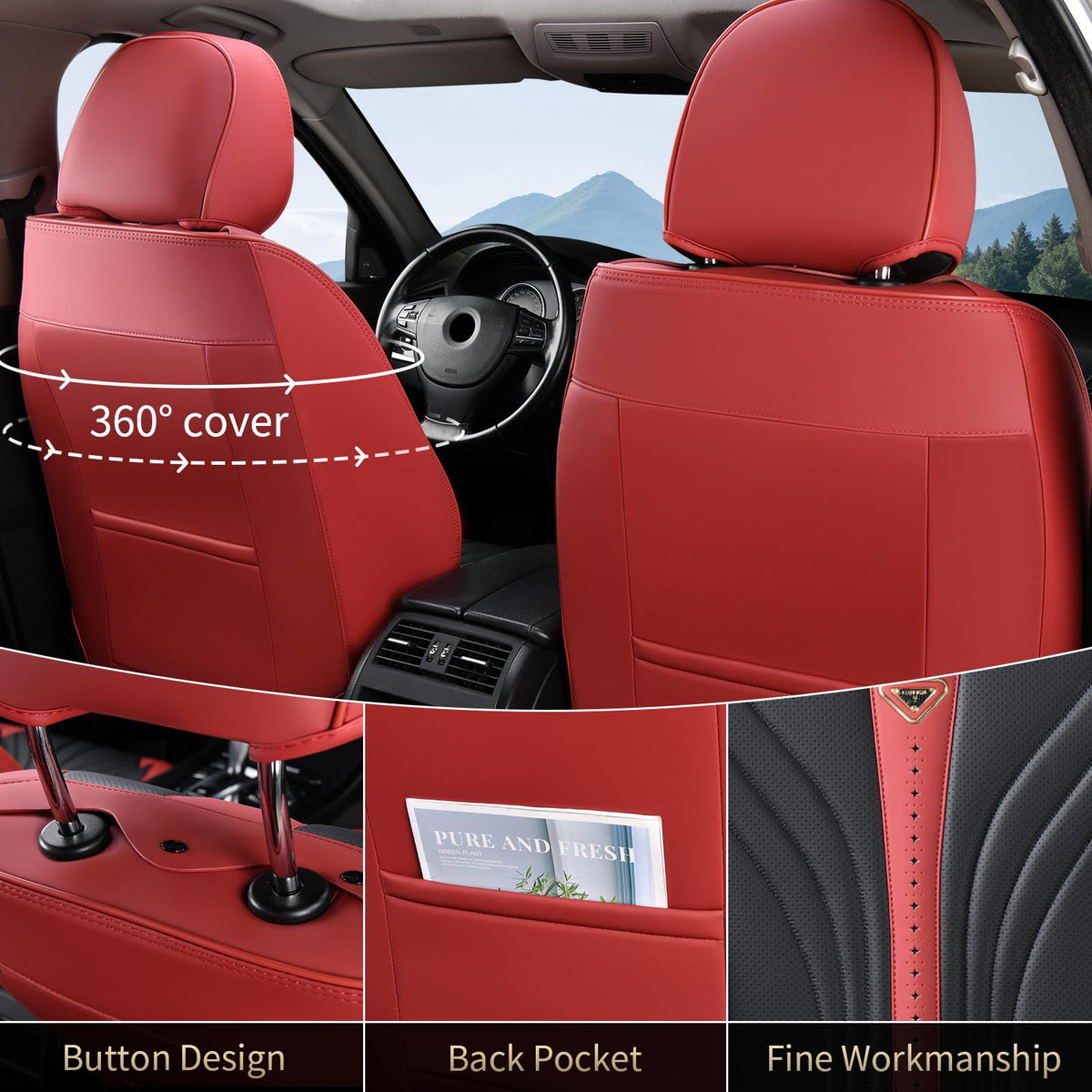Leather Car Seat Covers Full Set 5 Seats Universal Black Wine Red O2555