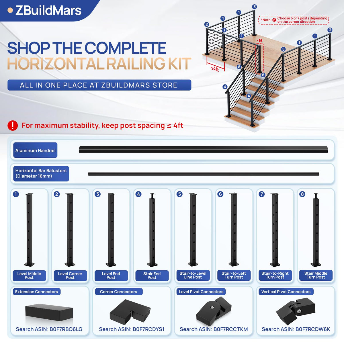 7 Pack 6 FT x 5/8 inch Aluminum Horizontal Baluster with Drill Bit U329