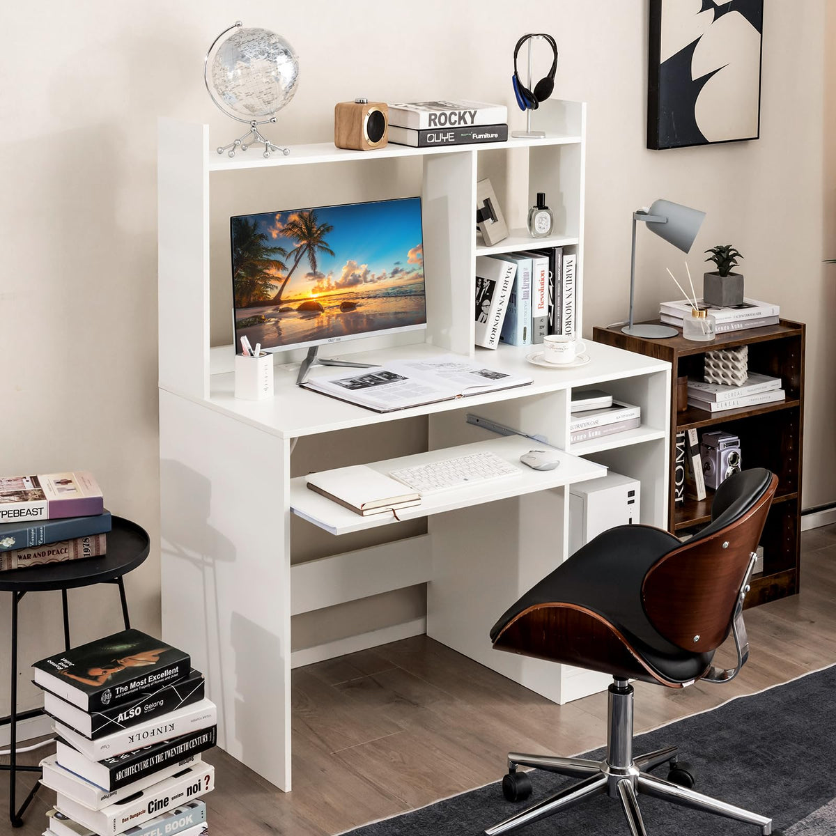 White Computer Desk with Hutch K869398