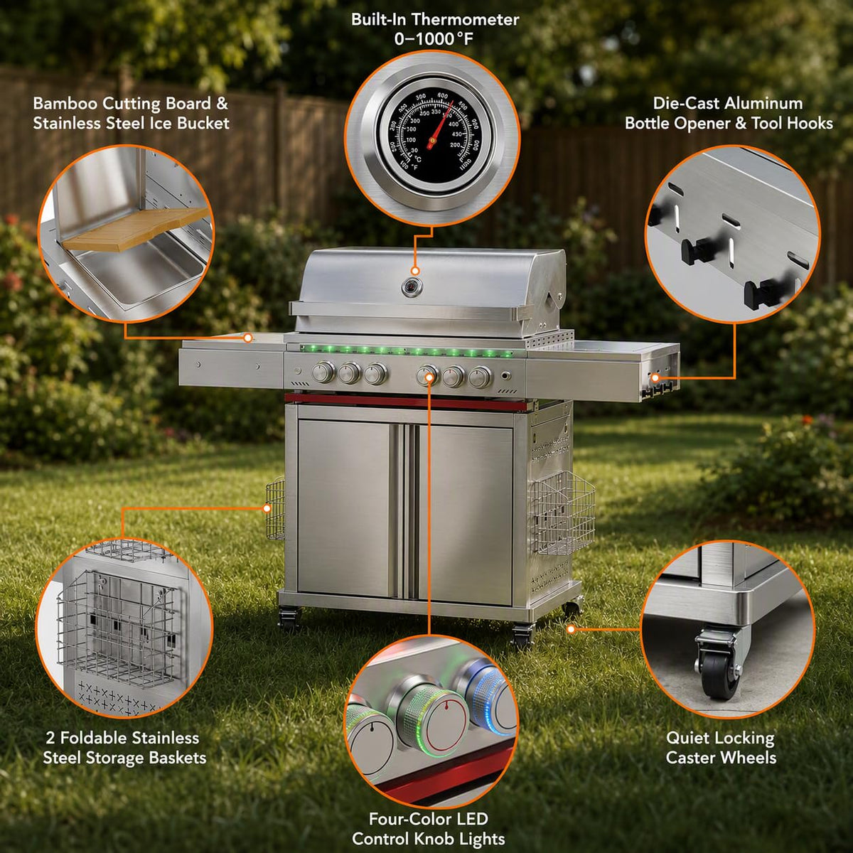 Heavy-duty SUS304 Stainless Steel 6-Burner Propane Gas Grill B8161