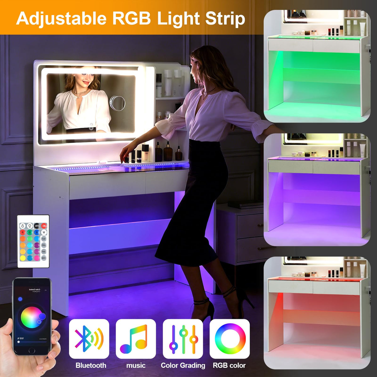 White Makeup Vanity Desk with LED Mirror K718030