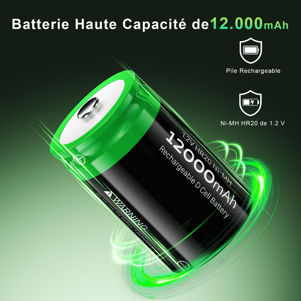 Rechargeable D Batteries, 12000mAh Ni-MH 1.2V 4-Pack V652