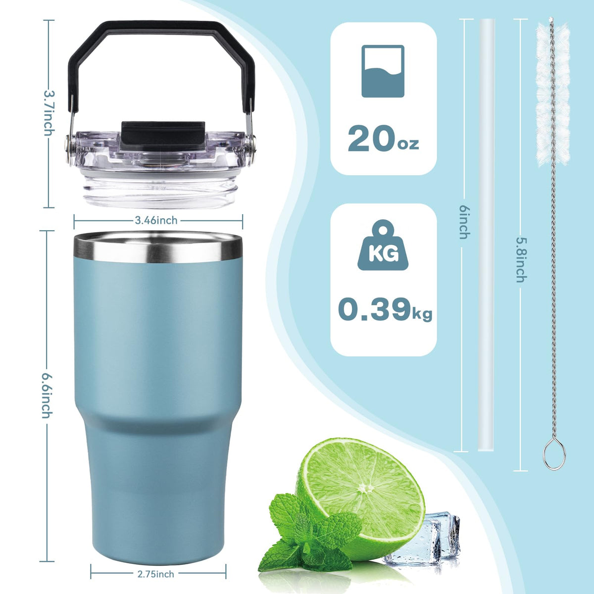 20oz Stainless Steel Insulated Tumbler with Handle and Flip Straw Lid I1723