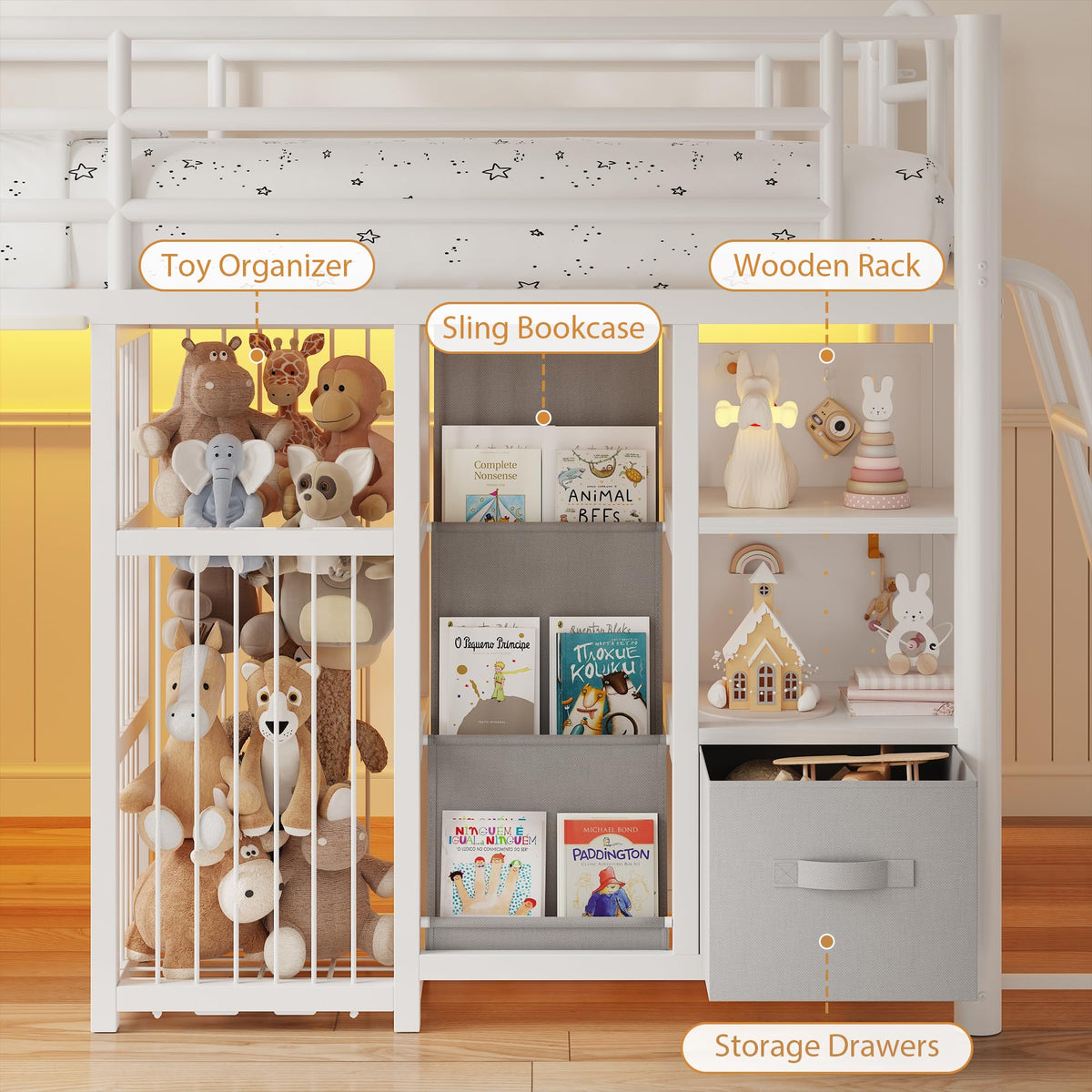 Twin Low Loft Bed with Storage Drawers and LED Lights Z2944