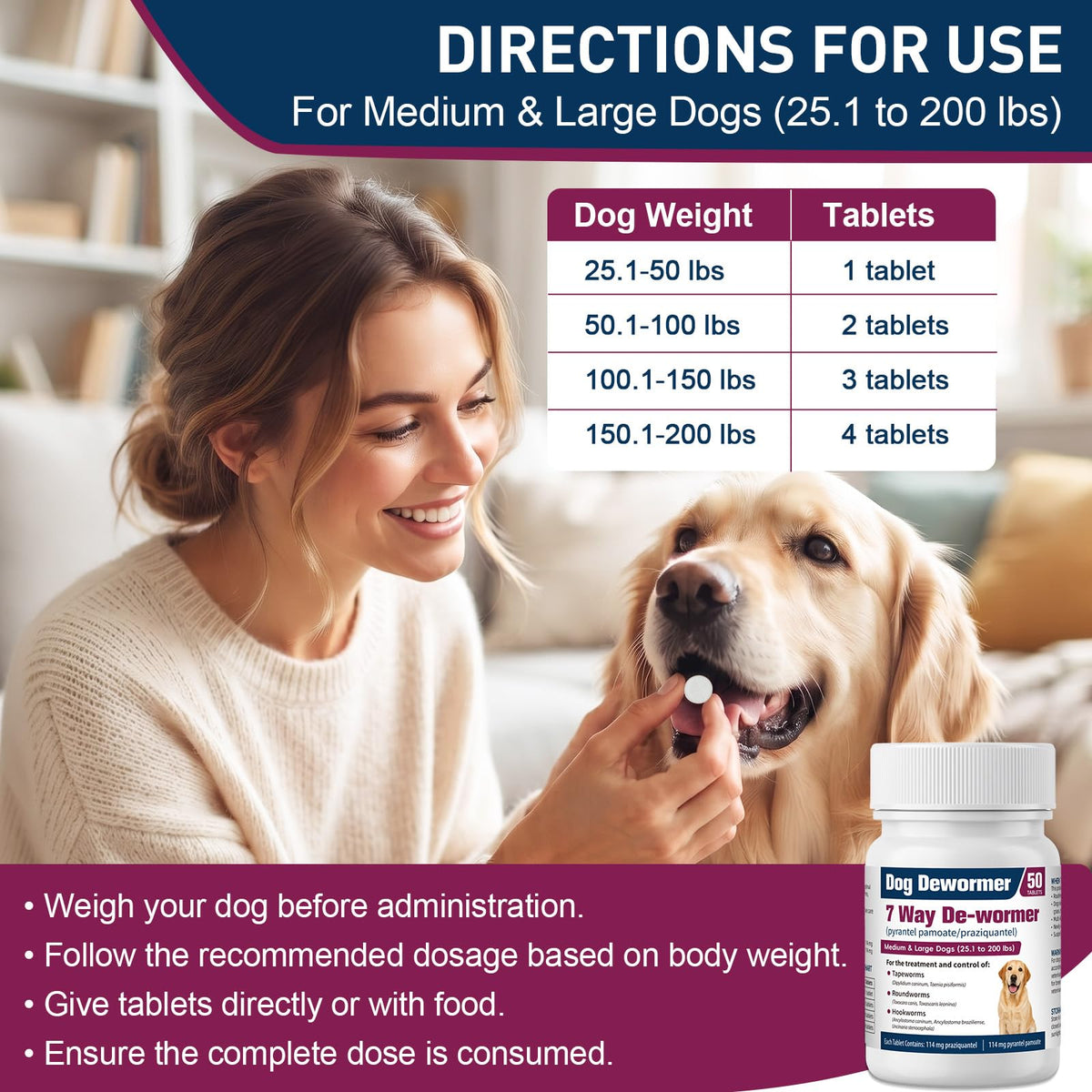 7-Way Dewormer for Large Dogs & Puppies, 50 Tablets O8126