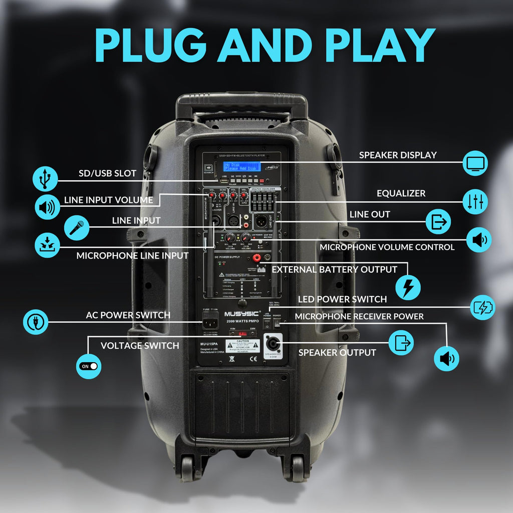 15" 2000W Portable PA Speaker System with Wireless Microphones L96958