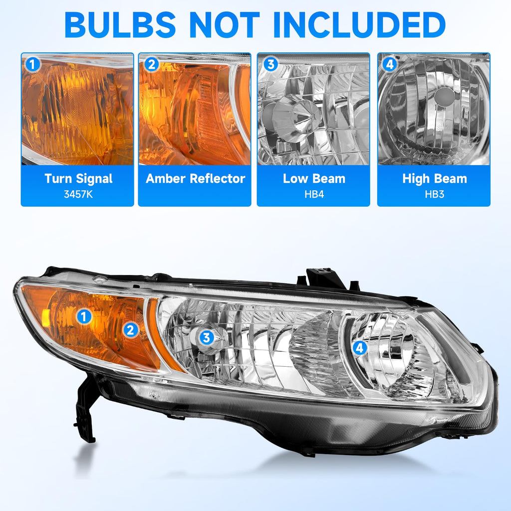 Headlight Assembly for 2006-2011 Honda Civic 2-Door Chrome Housing Amber Reflector K712