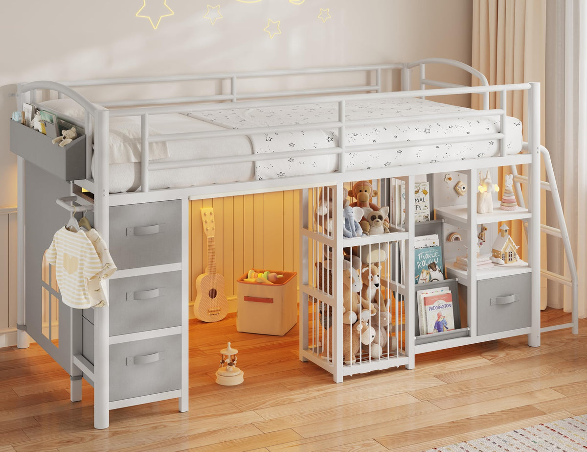 Twin Low Loft Bed with Storage Drawers and LED Lights Z2944