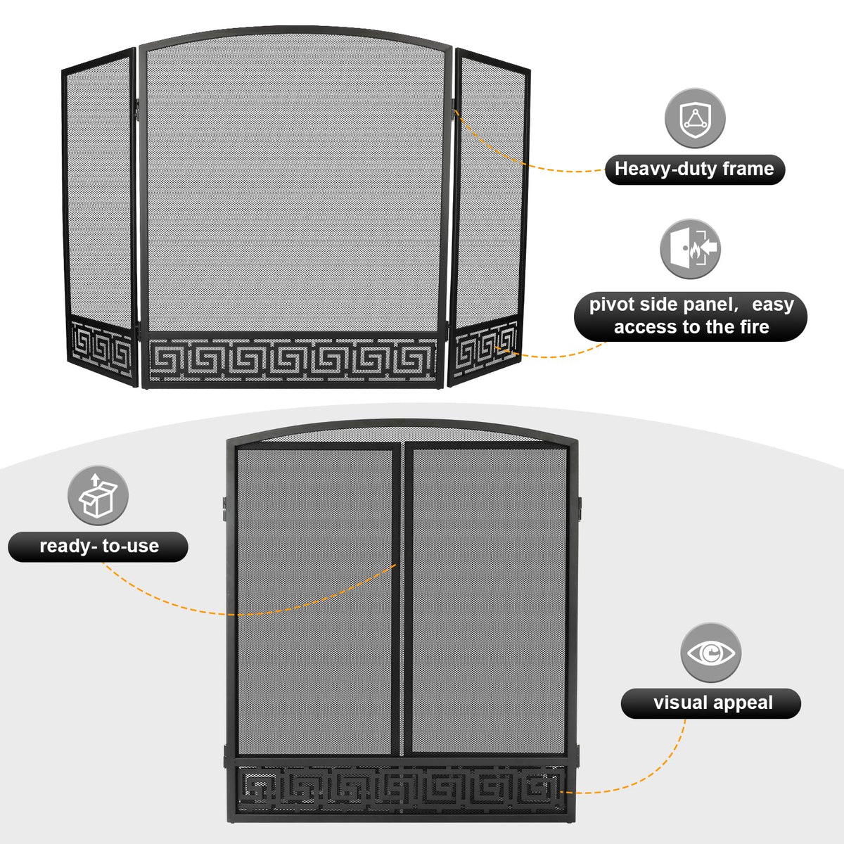 Arched 3 Panel Folding Fireplace Screen V754932