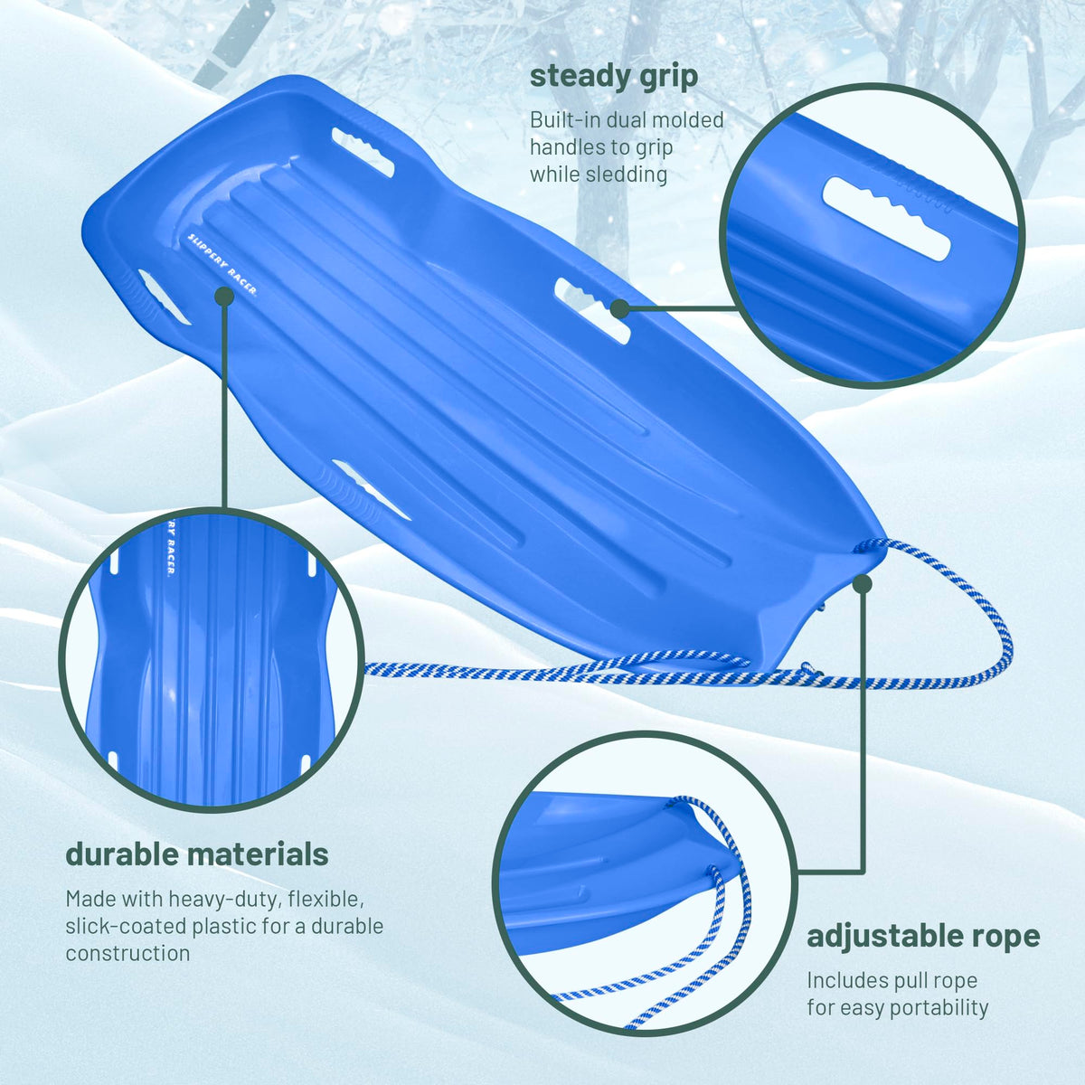 Kids Plastic Snow Sled with Pull Rope and Handles, Blue X315835