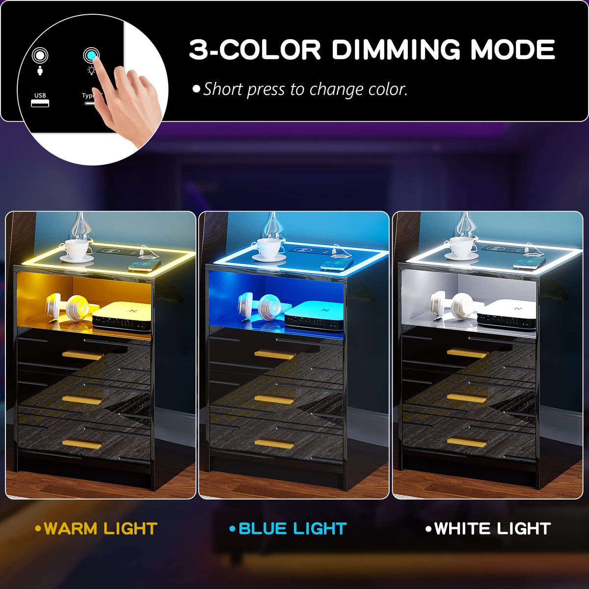 LED Nightstand with Wireless Charging Station, 3 Drawer Bedside Table K423