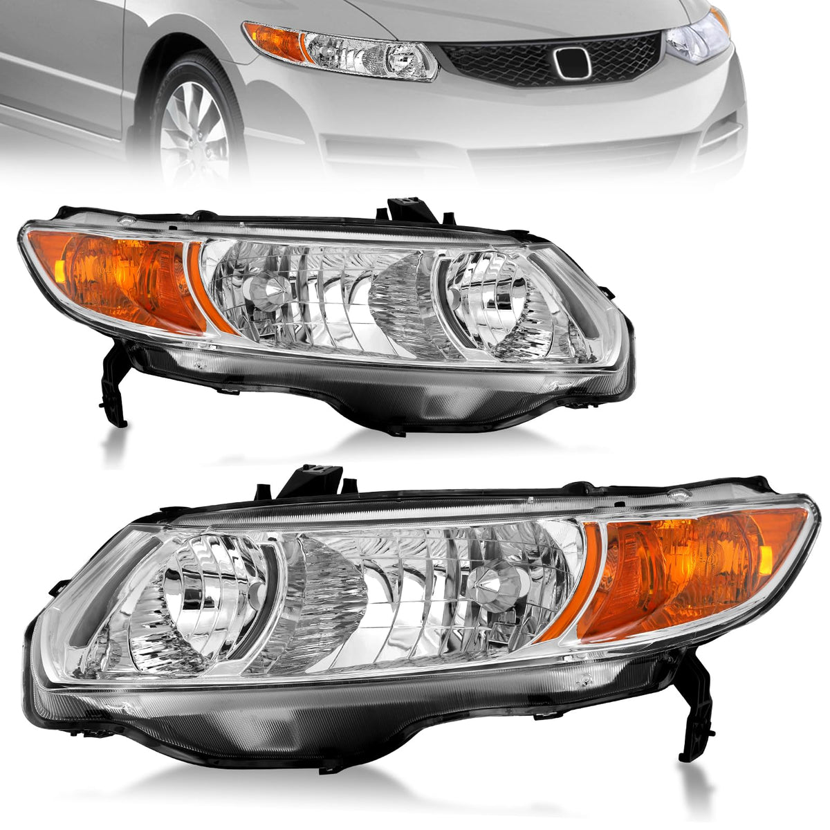 Headlight Assembly for 2006-2011 Honda Civic 2-Door Chrome Housing Amber Reflector K712