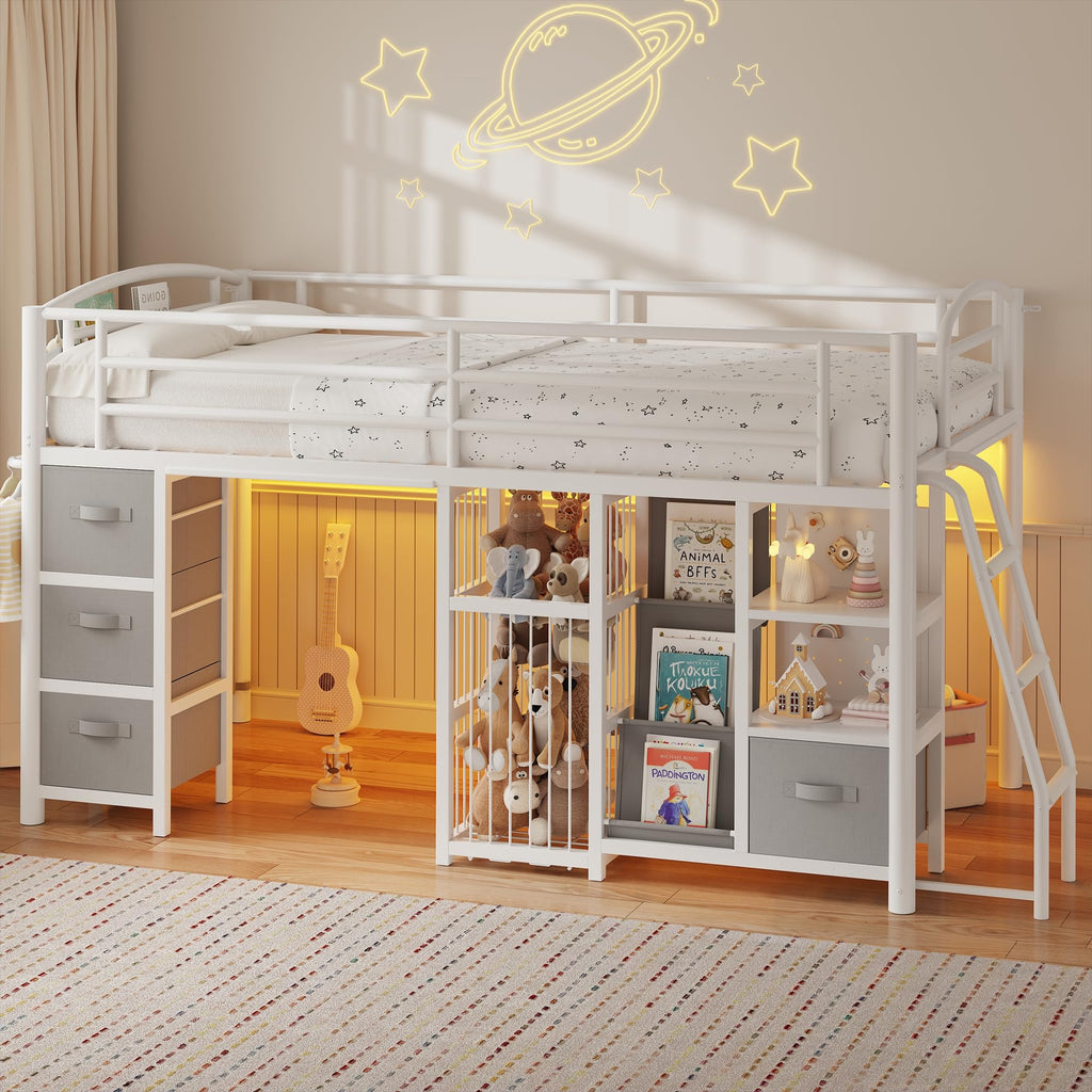 Twin Low Loft Bed with Storage Drawers and LED Lights Z2944