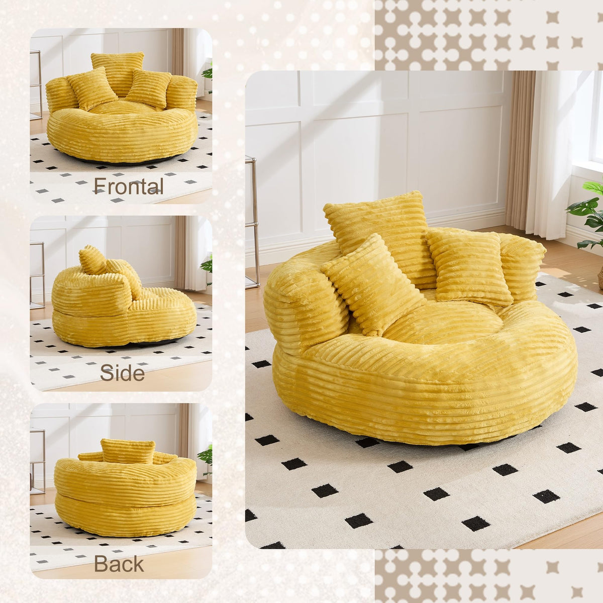 Oversized Corduroy Bean Bag Chair with 3 Pillows M3157