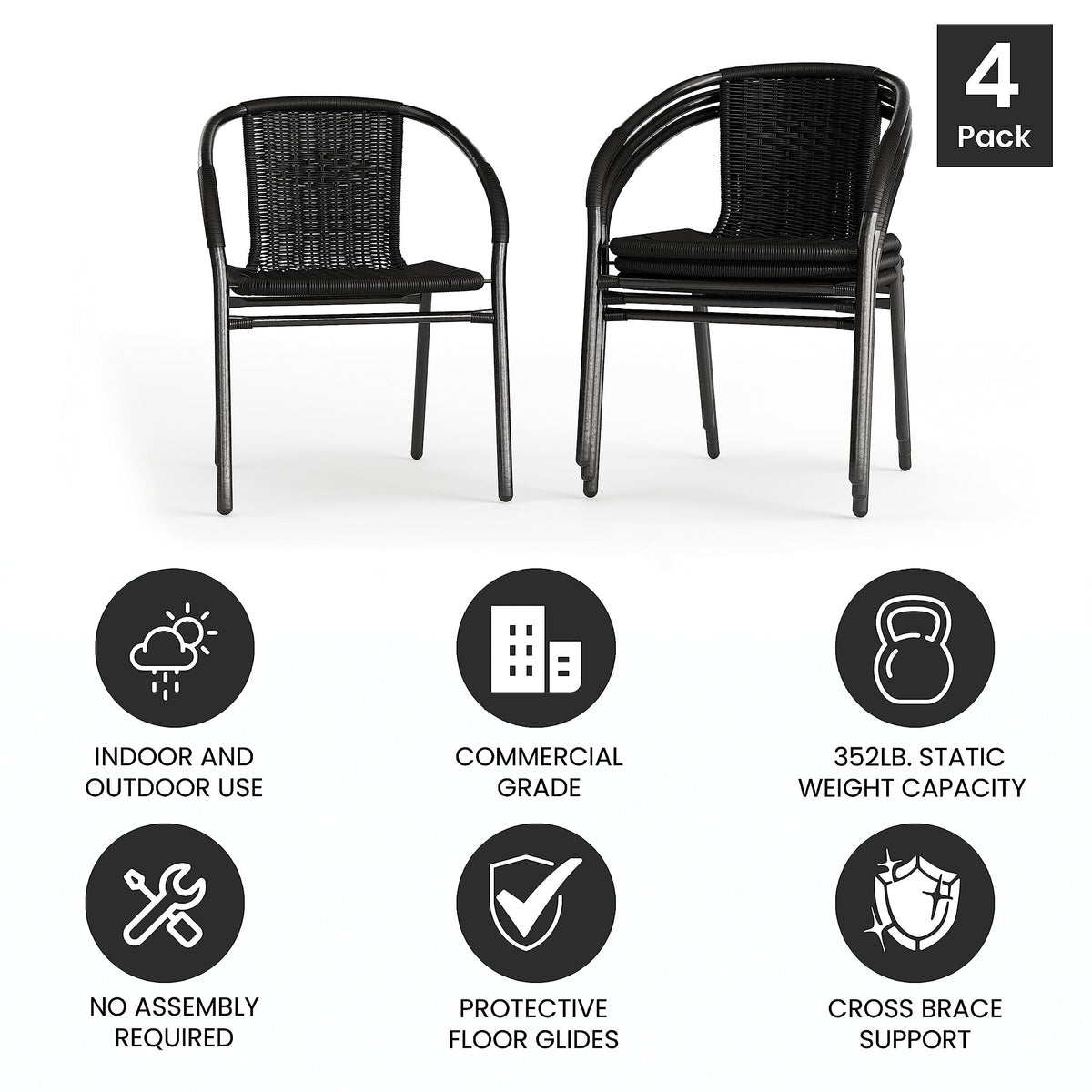 Black Rattan Stackable Dining Chairs Set of 4 P1496