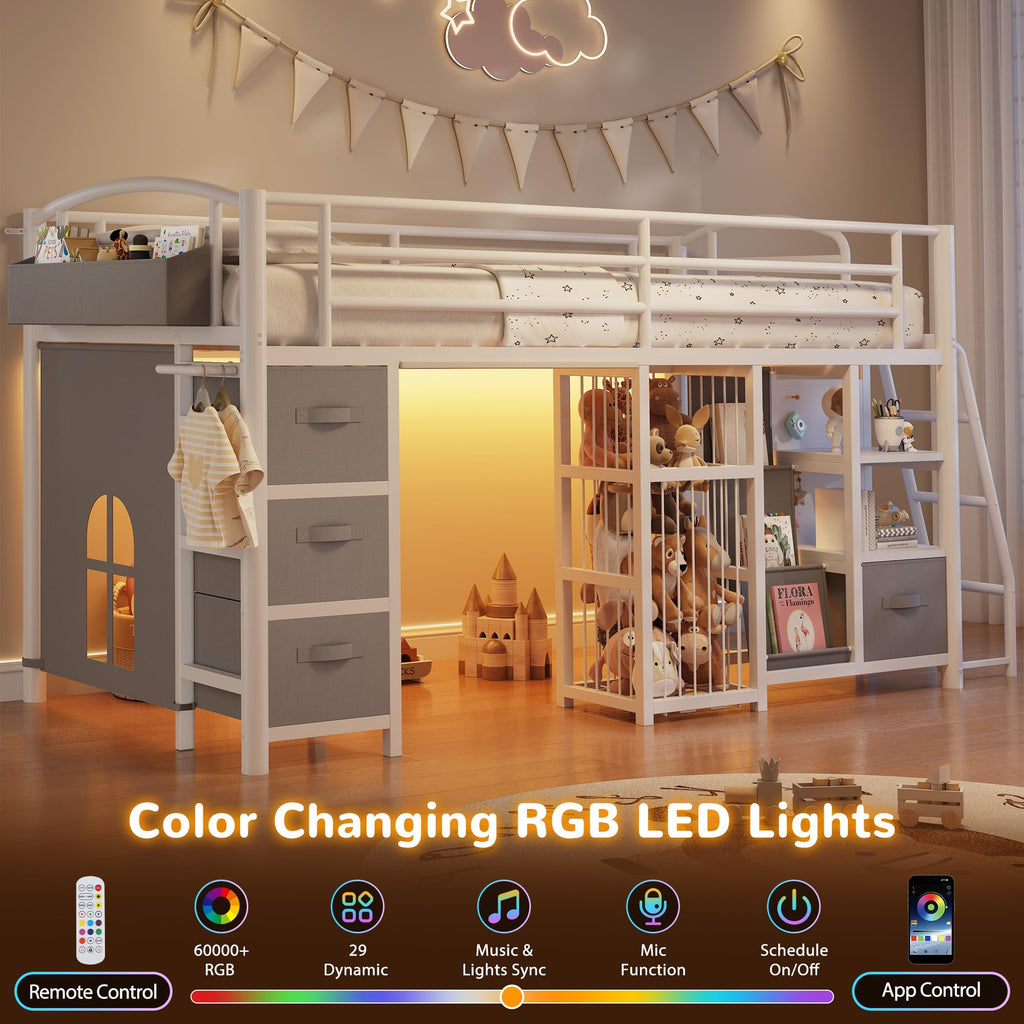 Twin Low Loft Bed with Storage Drawers and LED Lights Z2944