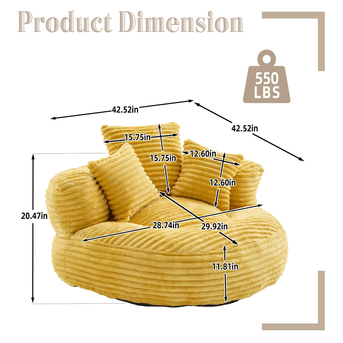 Oversized Corduroy Bean Bag Chair with 3 Pillows M3157