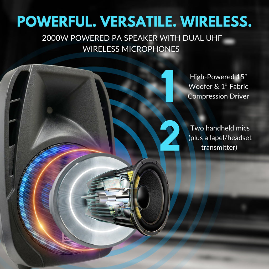 15" 2000W Portable PA Speaker System with Wireless Microphones L96958