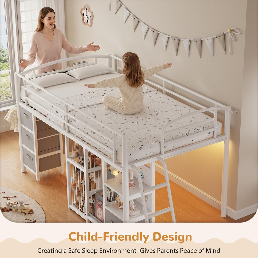 Twin Low Loft Bed with Storage Drawers and LED Lights Z2944