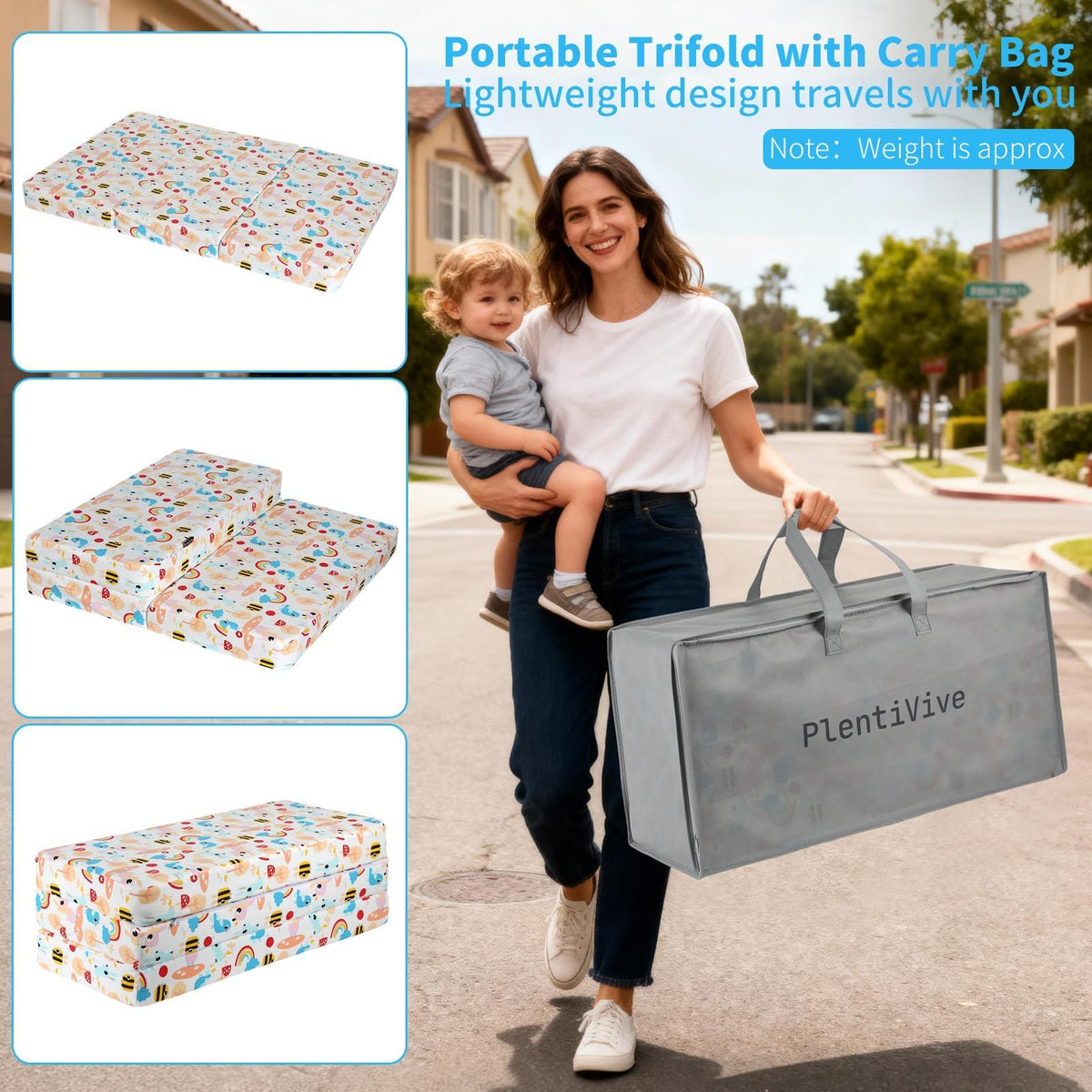 Trifold Pack and Play Mattress 38x26, Dual Sided Foldable Waterproof Washable Portable Crib Mattress Topper with Carry Bag Z170