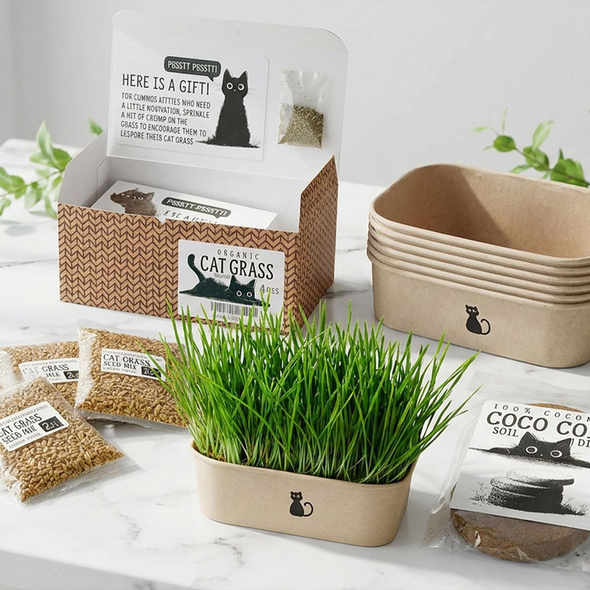 4-Batch Indoor Cat Grass Grow Kit with Containers, Soil Disks & Seeds Z6431
