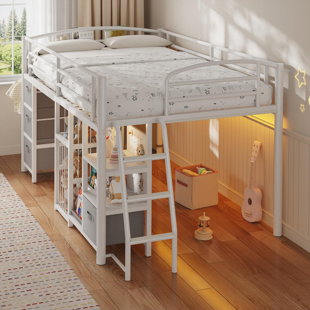 Twin Low Loft Bed with Storage Drawers and LED Lights Z2944