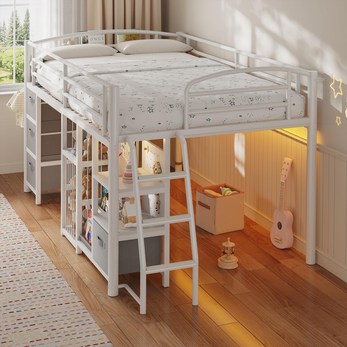 Twin Low Loft Bed with Storage Drawers and LED Lights Z2944